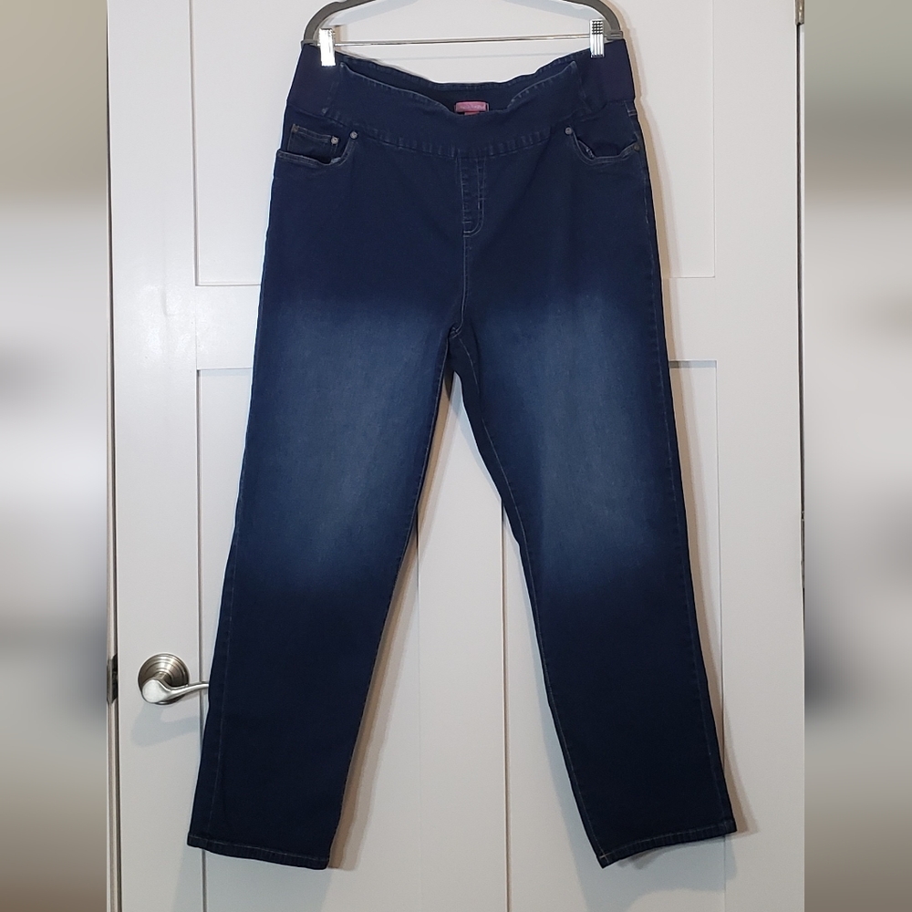 Woman Within Pull On Hi Rise Jeans Darkwash Fading Stretch Size 18W